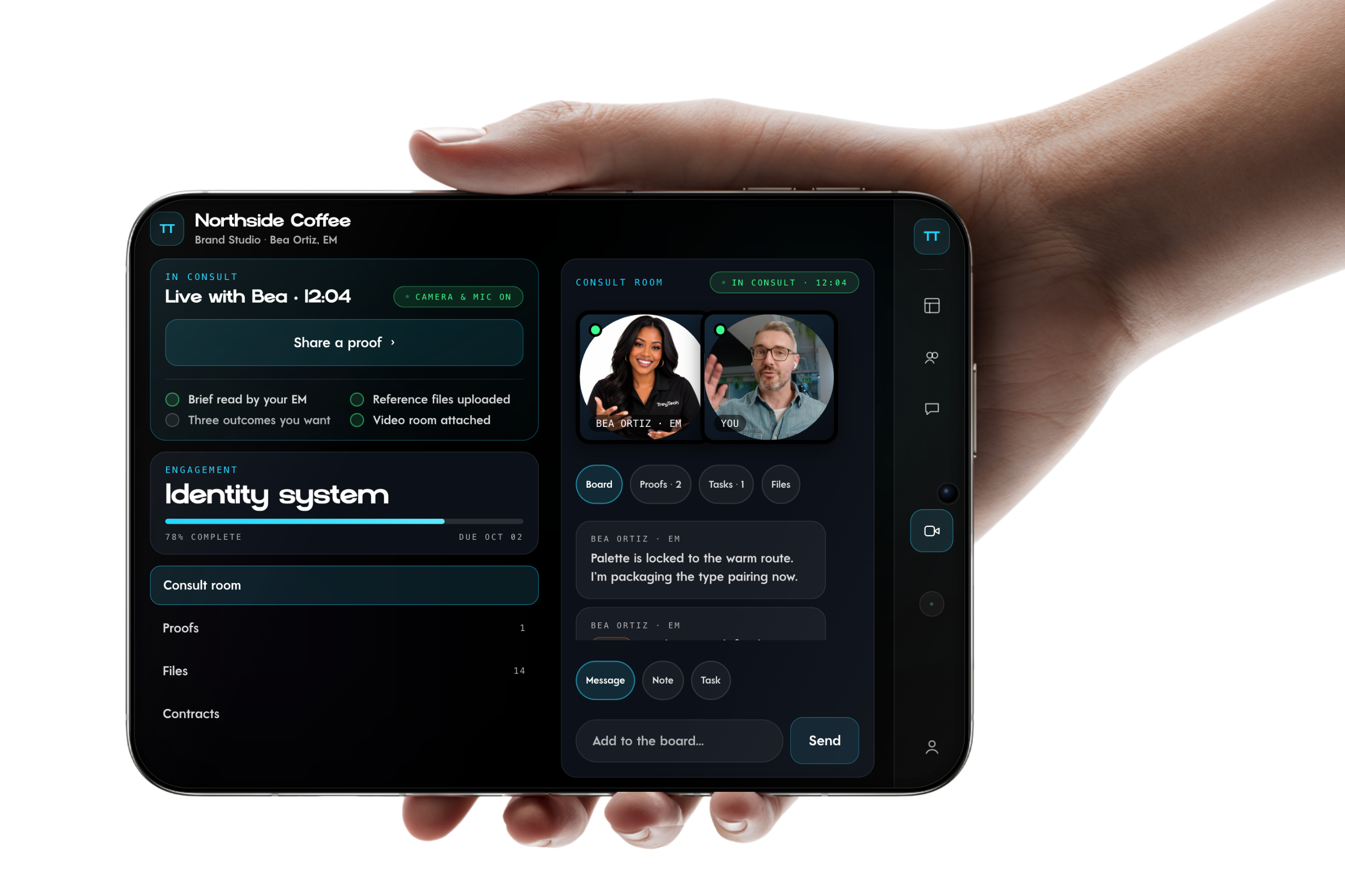 A live TreyTech consult room open on iPhone Duo: the client's engagement, proofs and files on the left, the video room and shared board on the right