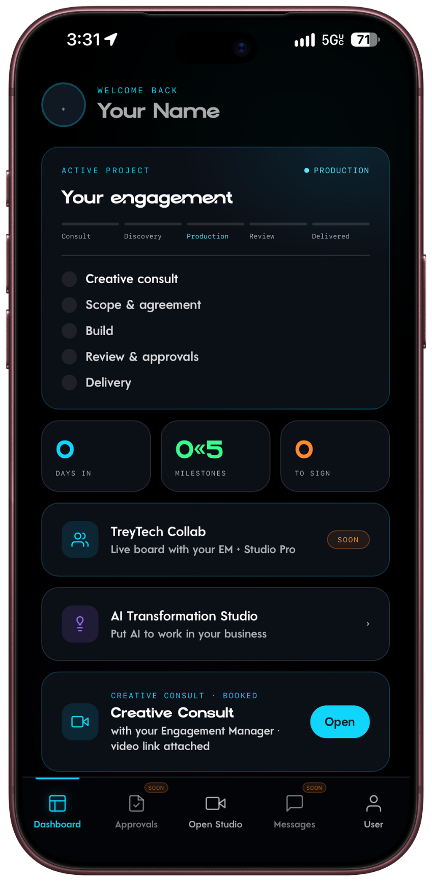 TreyTech app: your engagement dashboard with phases, milestones and a booked consult
