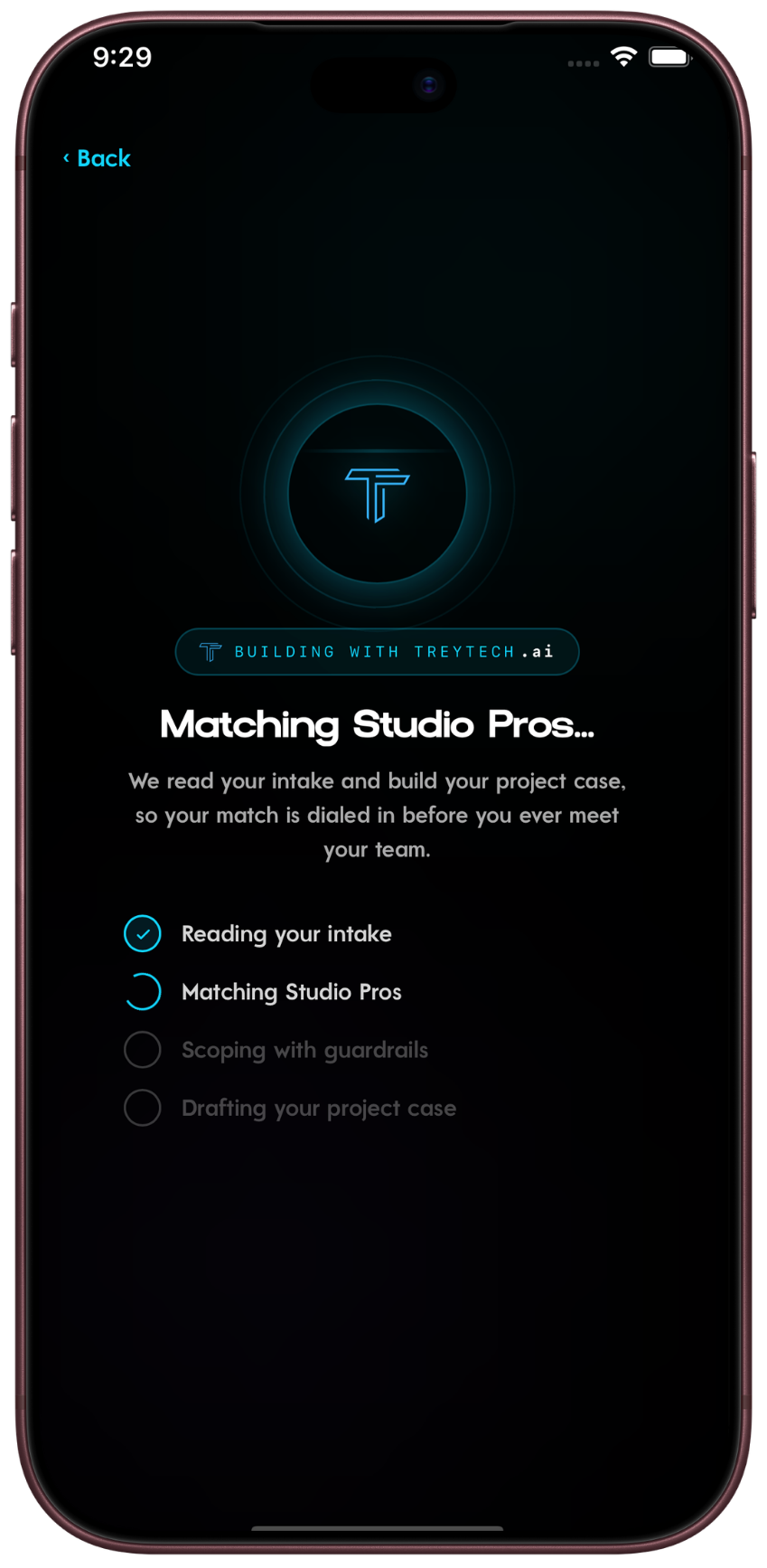 TreyTech app: Matching Studio Pros, reading your intake and drafting your project case