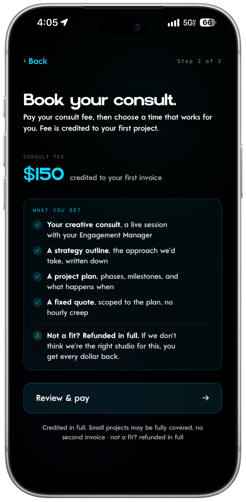 TreyTech app: Book your consult, $150 consult fee credited to your first invoice, with Apple Pay