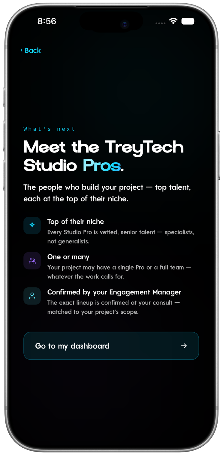 TreyTech app: Meet the TreyTech Studio Pros, vetted senior talent confirmed by your Engagement Manager
